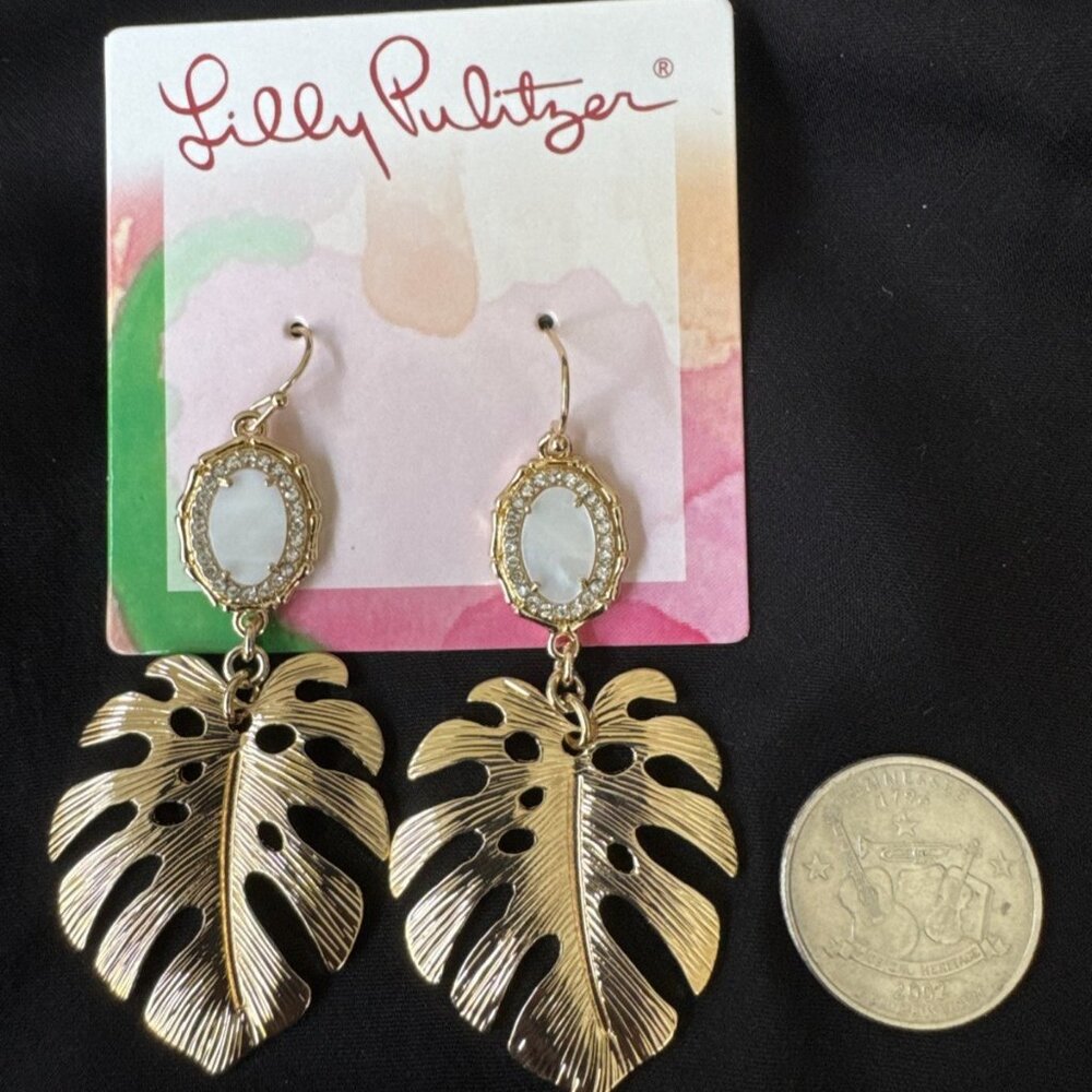 NWT Lilly Pulitzer Earrings Goldtone CZ Monstera Leaves Dangle Pierced NEW